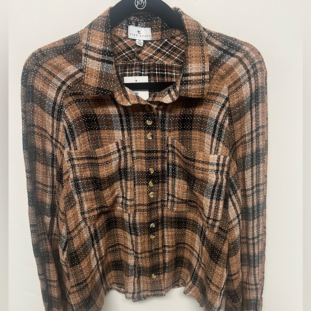 TRUE CRAFT LADIES BLACK/BROWN CHECKERED PEASANT CROPPED TOP BLOUSE SIZE XL